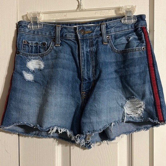 ABERCROMBIE & FITCH Size 2 26 Denim Distressed Jean Shorts Red Black High Rise - Picture 1 of 8